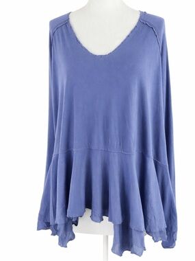 We The Free Boho Ruffle Hem Textured Tunic Top Blue Flowy Oversized M
